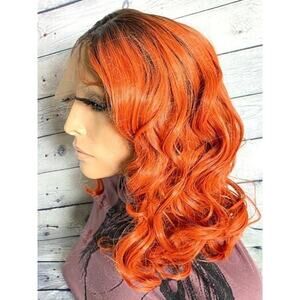 Synthetic Lace Front Wig Dark Roots Custom Color Wavy Bob Cut Style Ready 14-16"